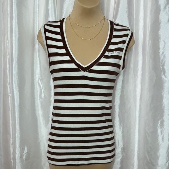 Bebe Brown & White Striped Ribbed Sleeveless Top – Size Large - Picture 1 of 5